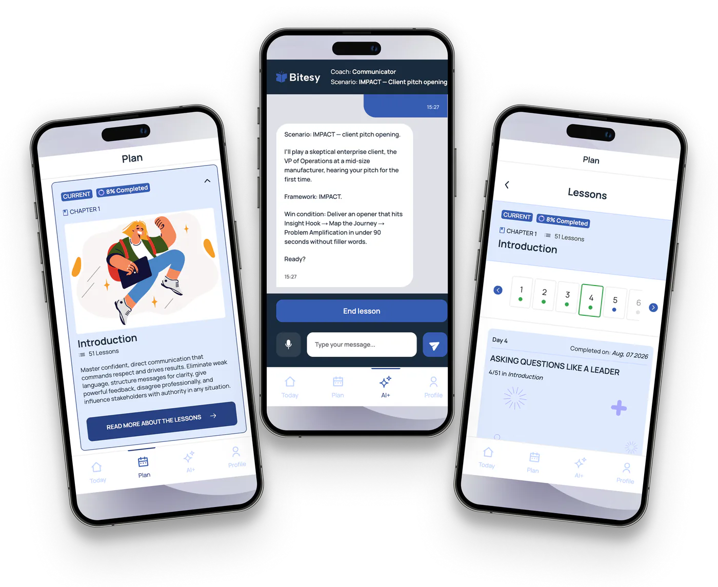 Bitesy lesson plan, AI coach chat conversation, and lesson progress screens shown across three phones